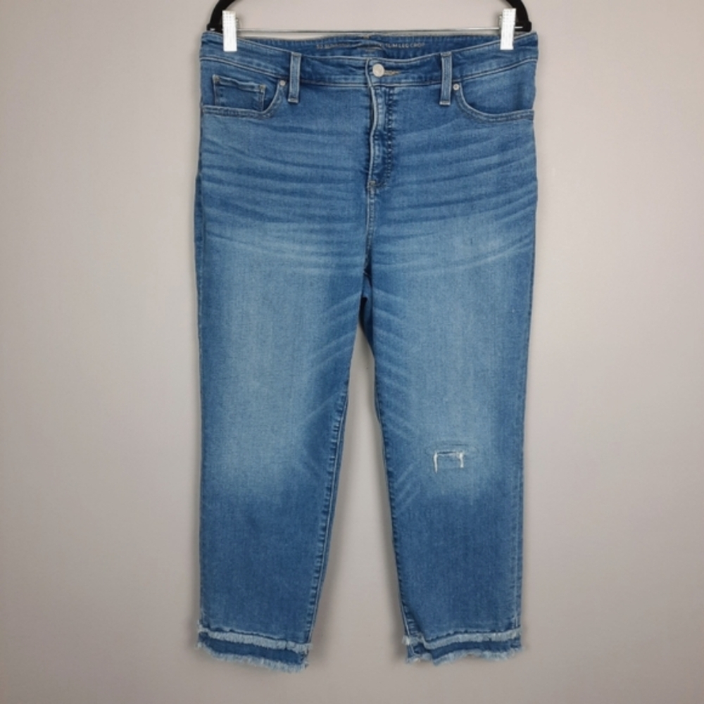Chico's So Slimming Girlfriend Slim Leg Crop Distressed Patch Jeans size 12